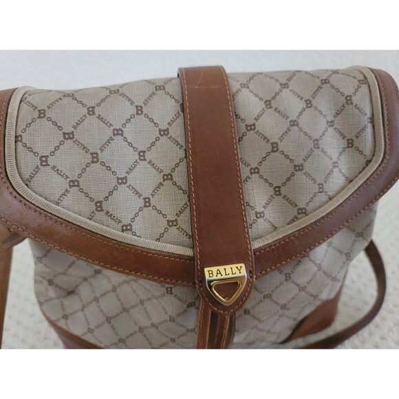 Vintage Bally Logo Canvas Print & Brown Leather handbag shoulder bag ITALY - Picture 3 of 15